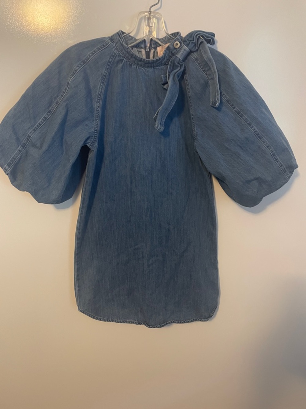 Petite Amalie Chambray Puff Sleeve Dress Girls Blue Tie Shoulder Size Girls 7